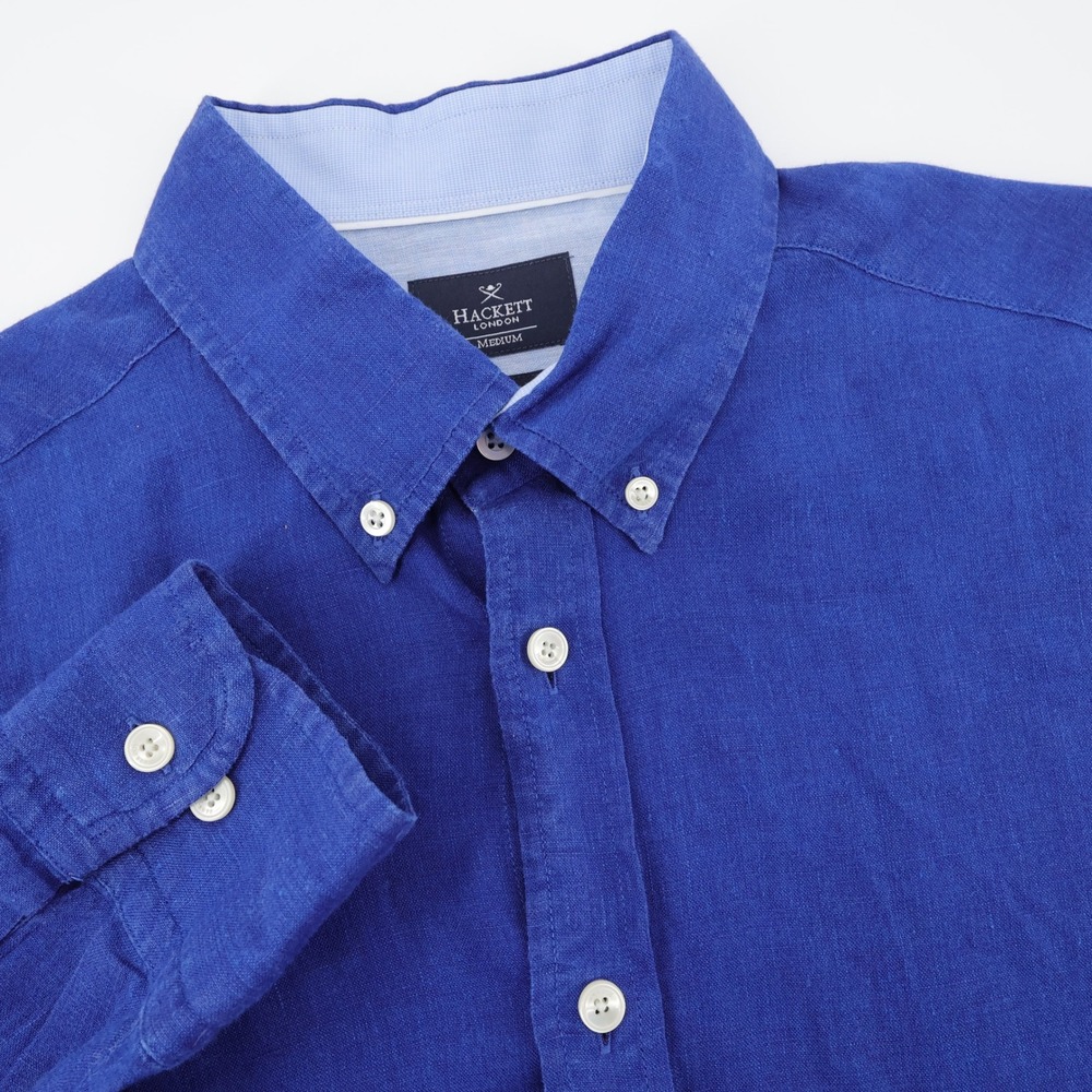 Hackett London Classic Fit 100% Linen Button Down Shirt Blue Long Sleeve Mens M
